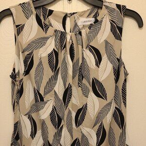 Women’s Calvin Klein short sleeve cream, black, tan & grey pattern blouse